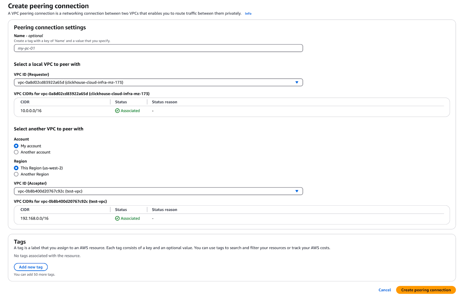BYOC 创建 Peering 连接