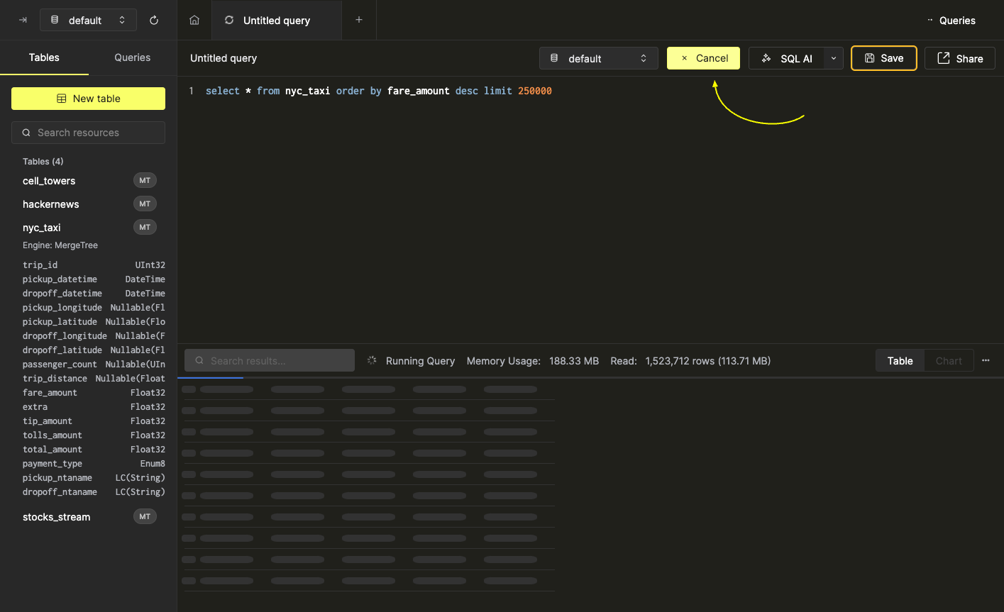 查询执行期间出现的 Cancel 按钮