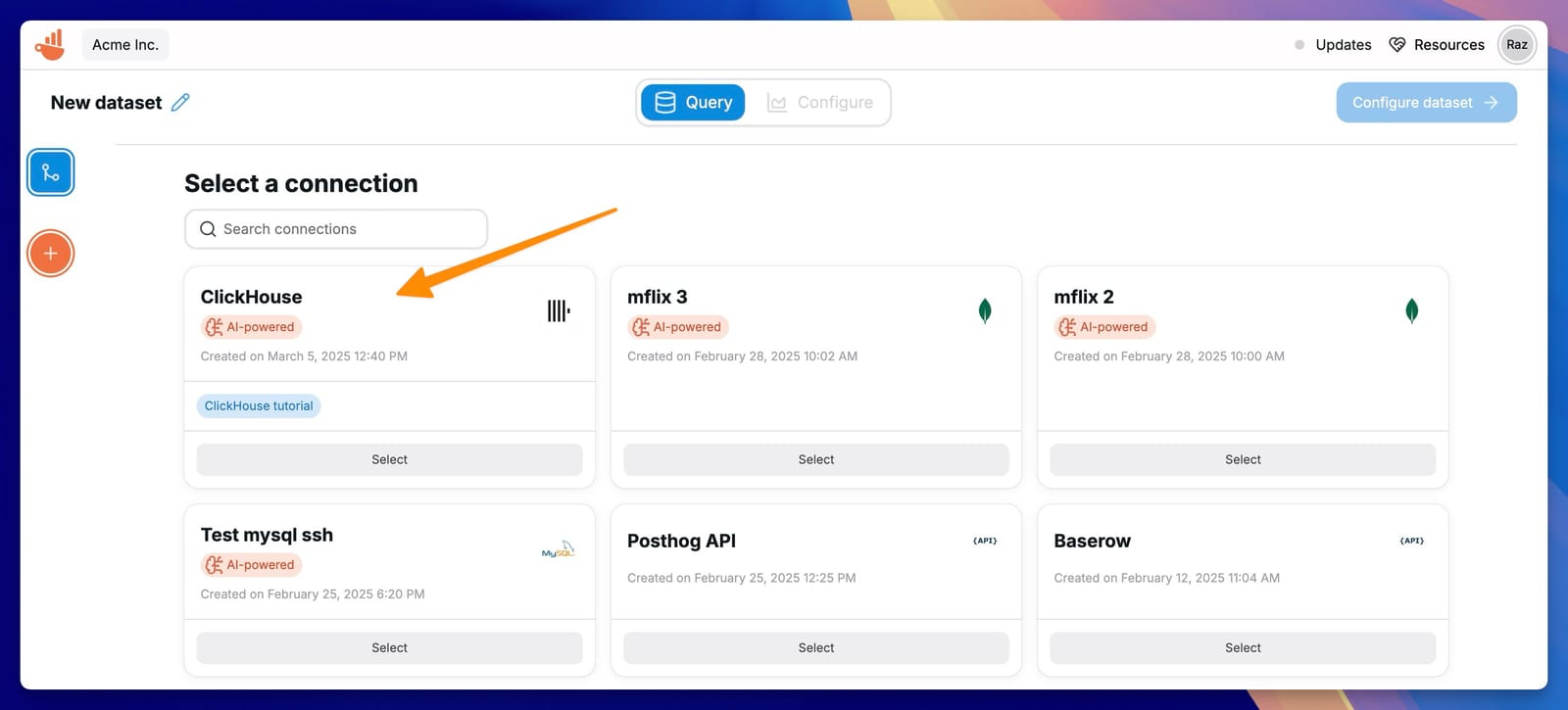 为数据集选择 ClickHouse 连接