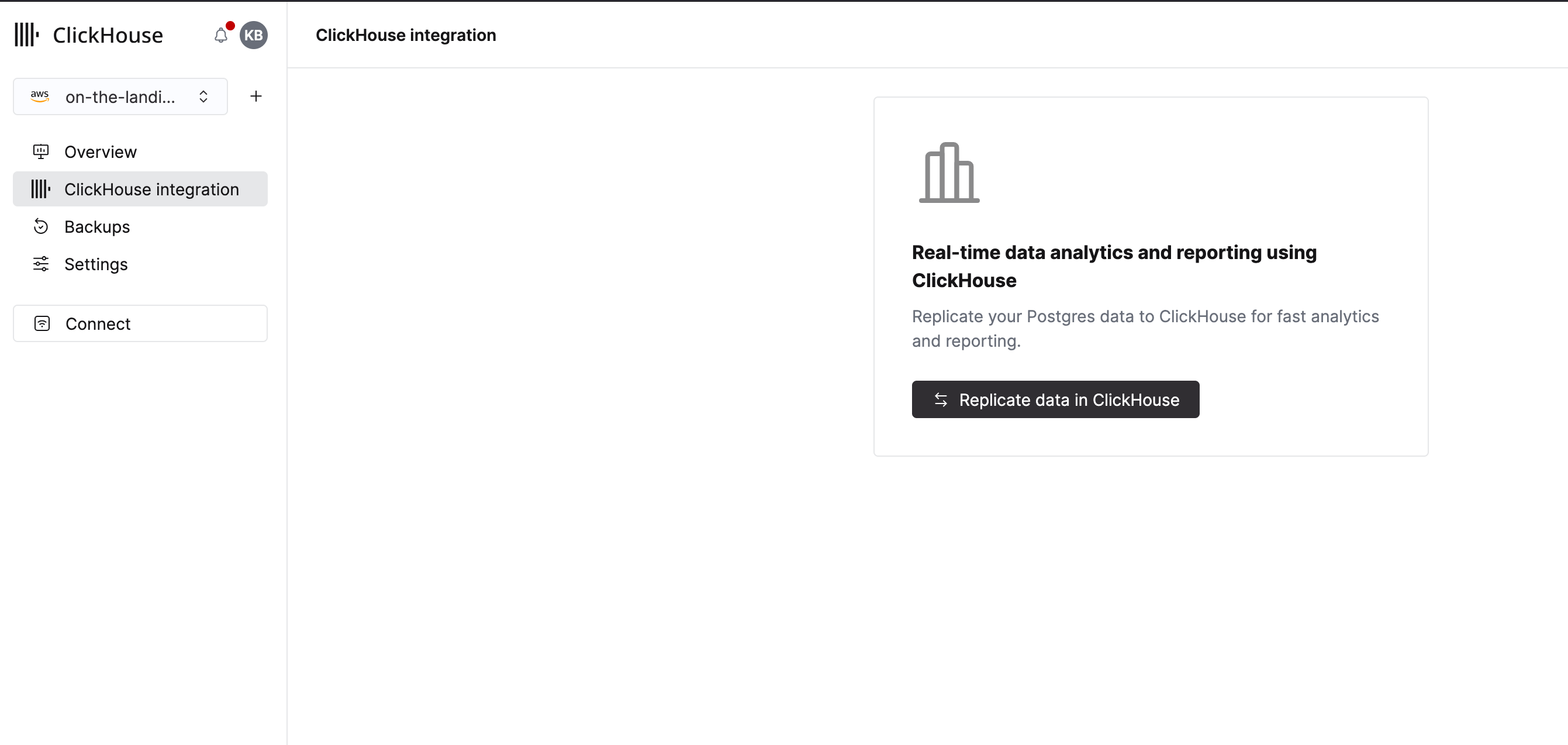 ClickHouse 集成入口页面,展示了侧边栏中的集成选项