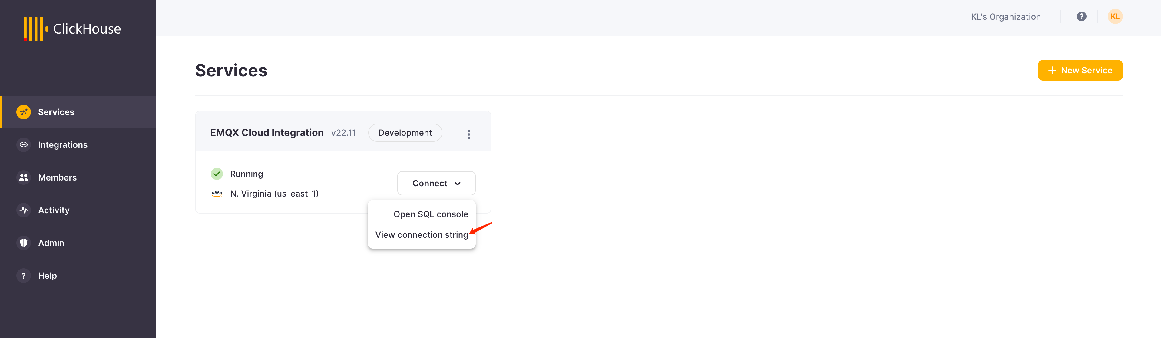ClickHouse Cloud 运行中实例控制台，带有连接选项