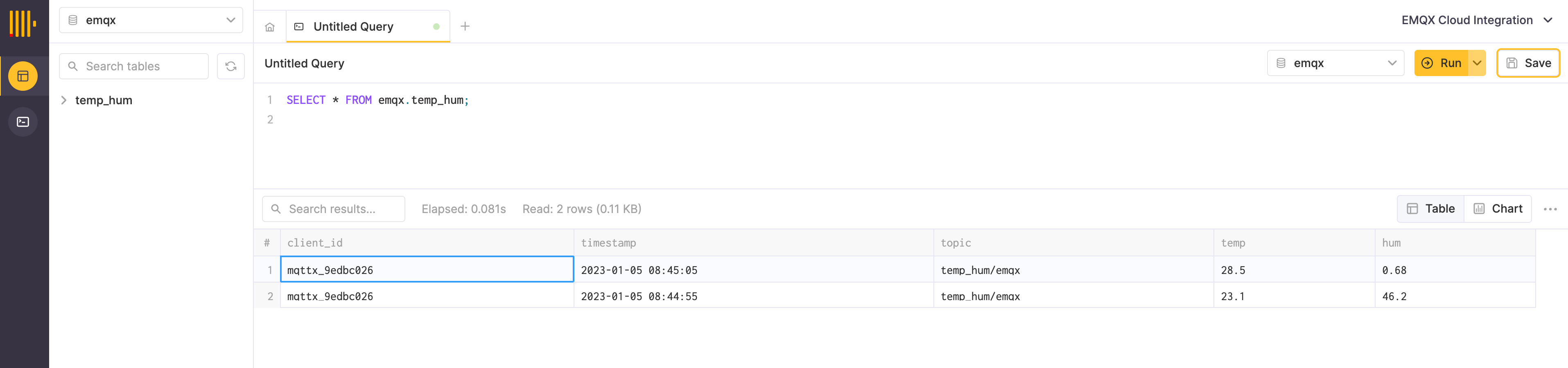 ClickHouse 查询结果，显示已持久化的物联网 (IoT) 数据