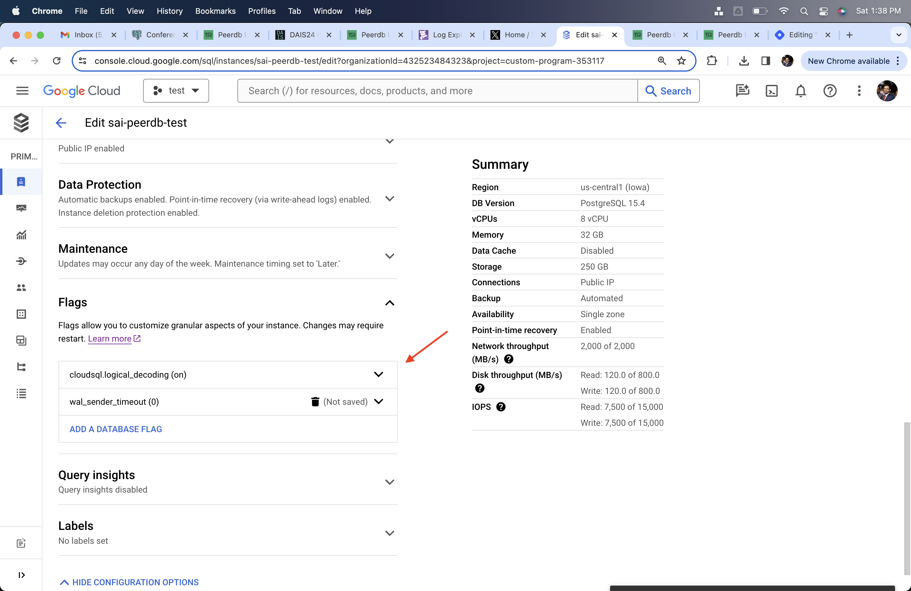 已设置 cloudsql.logical_decoding 和 wal_sender_timeout