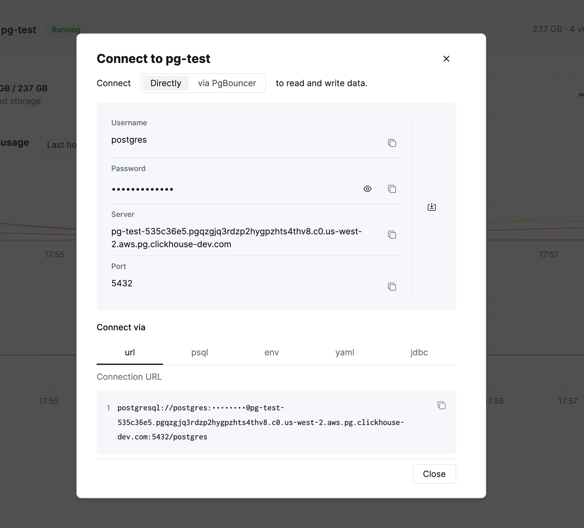 Managed Postgres 连接弹窗