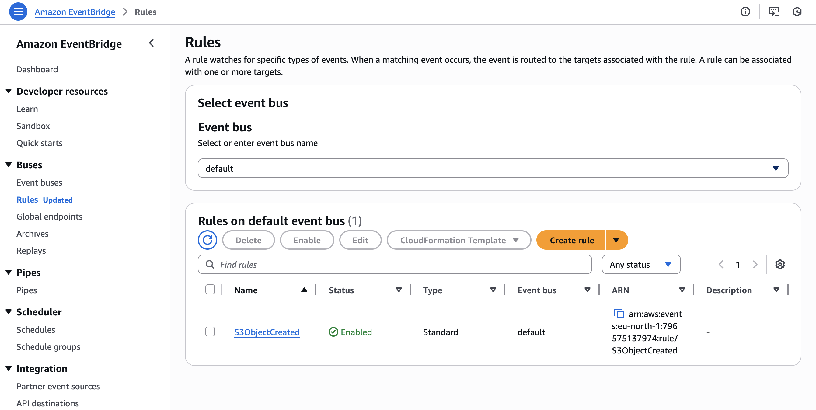 EventBridge 规则已成功创建