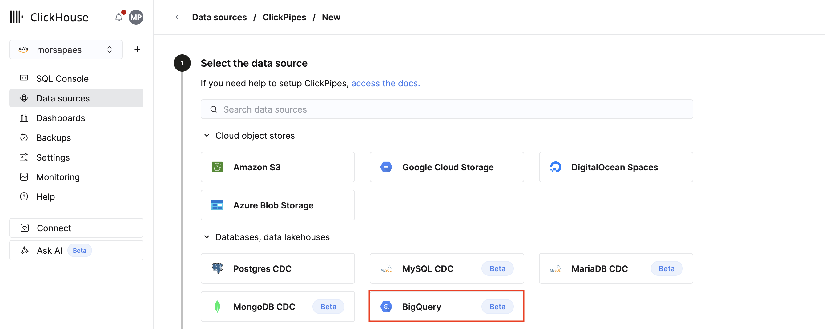 选择 BigQuery 卡片