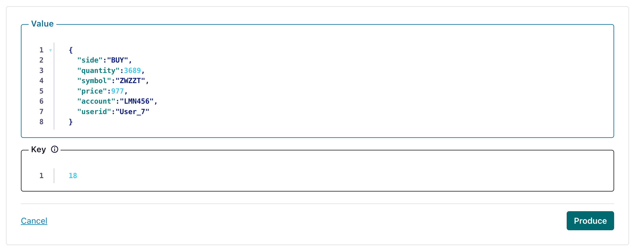 Confluent Cloud 界面展示如何在 Kafka 主题中创建测试消息