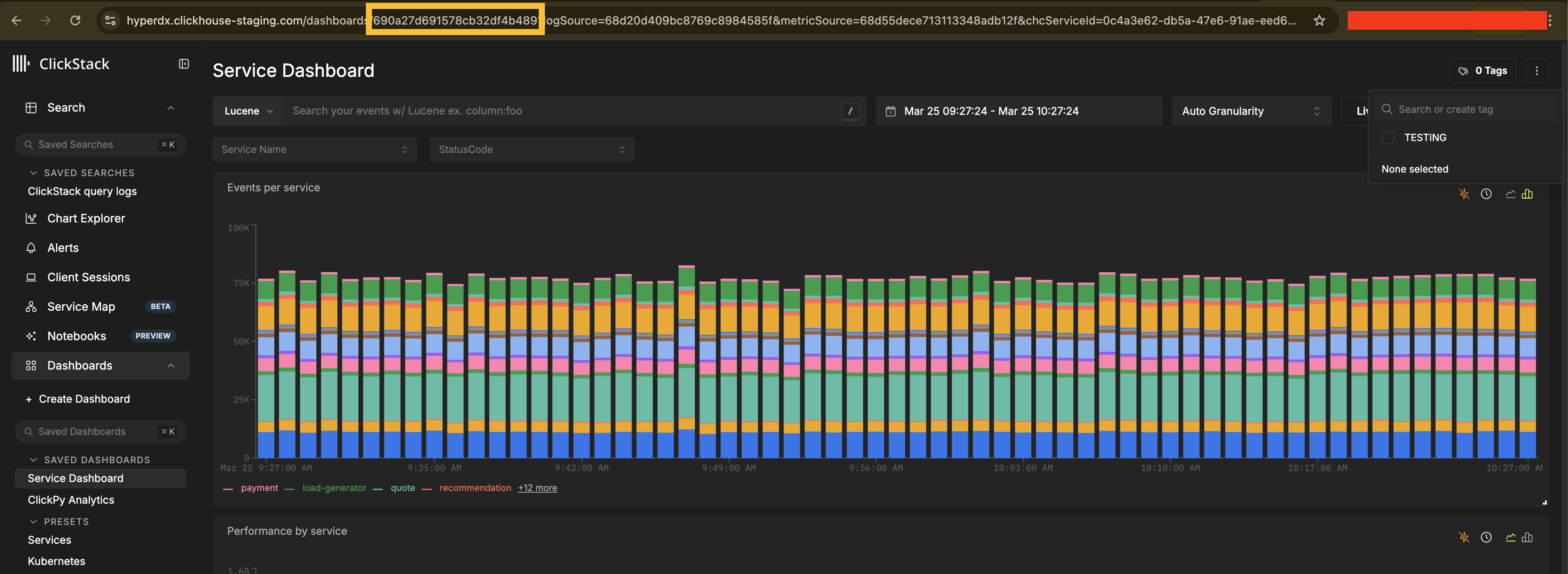 仪表板:URL 栏中显示资源 ID,右上角显示标签