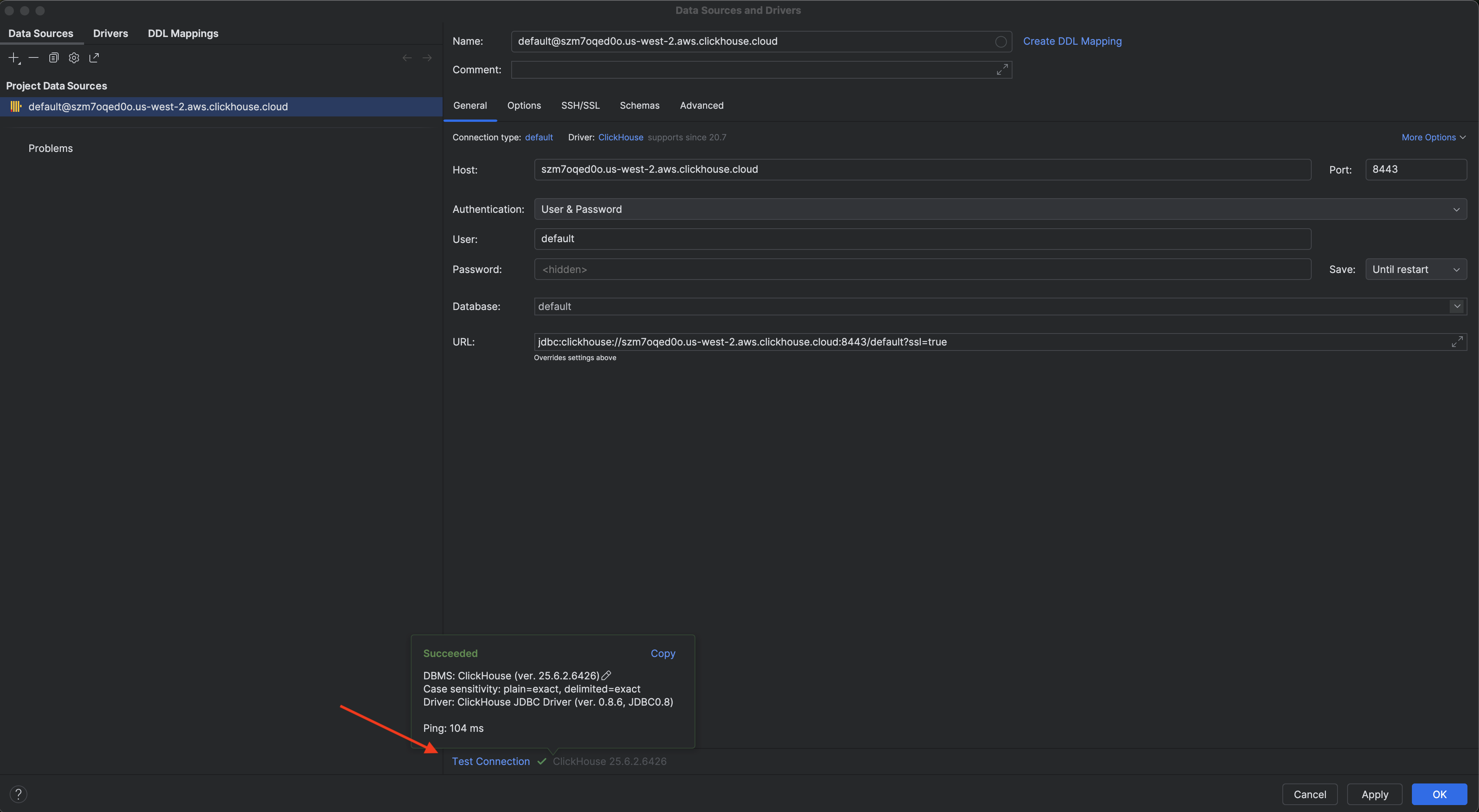 包含 ClickHouse 设置的 DataGrip 连接详细信息表单