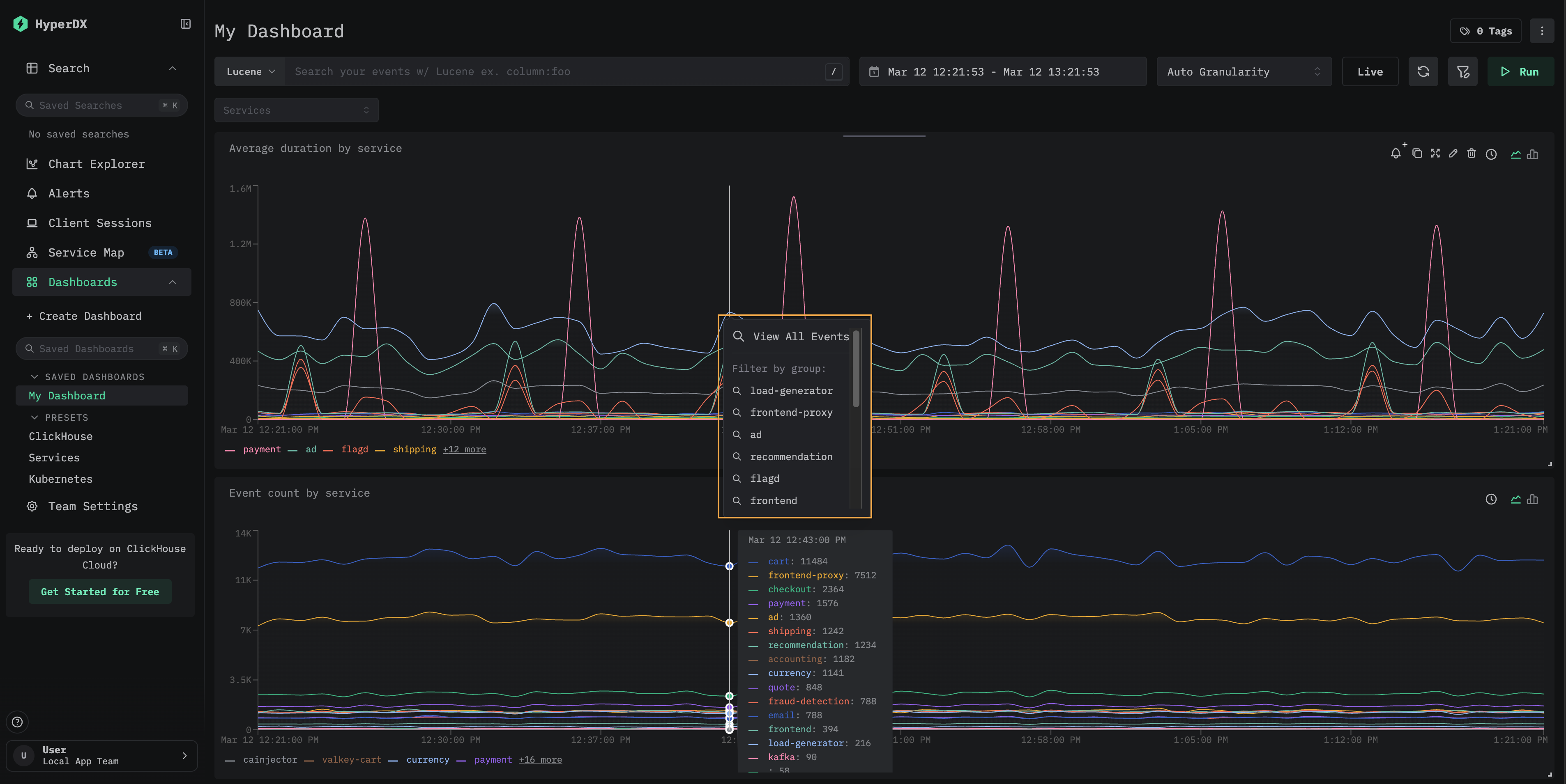 显示“查看所有事件”和“按组筛选”选项的下钻上下文菜单