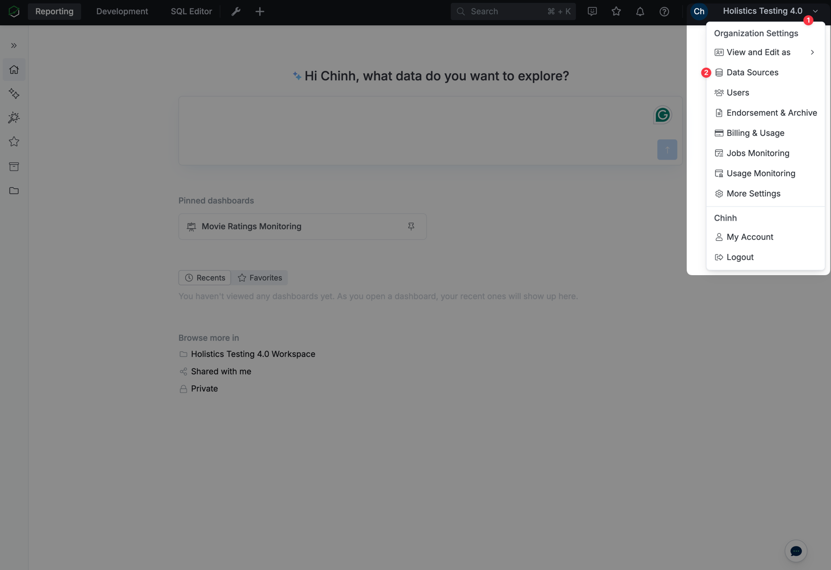 在 Holistics 设置中导航到 Data Sources