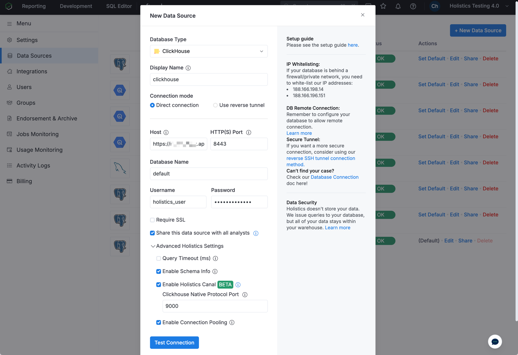 在 Holistics 中填写 ClickHouse 连接信息