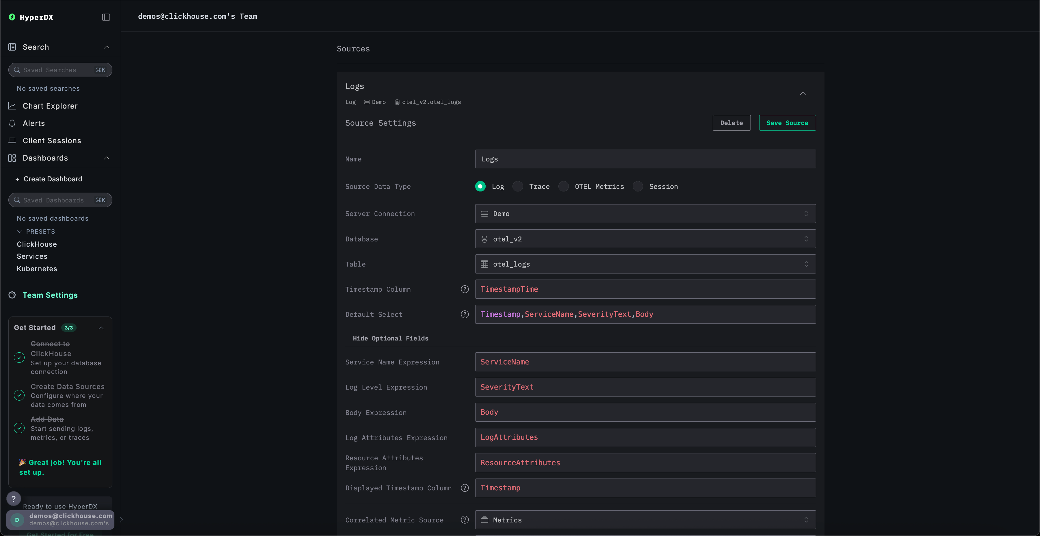 HyperDX Source 配置