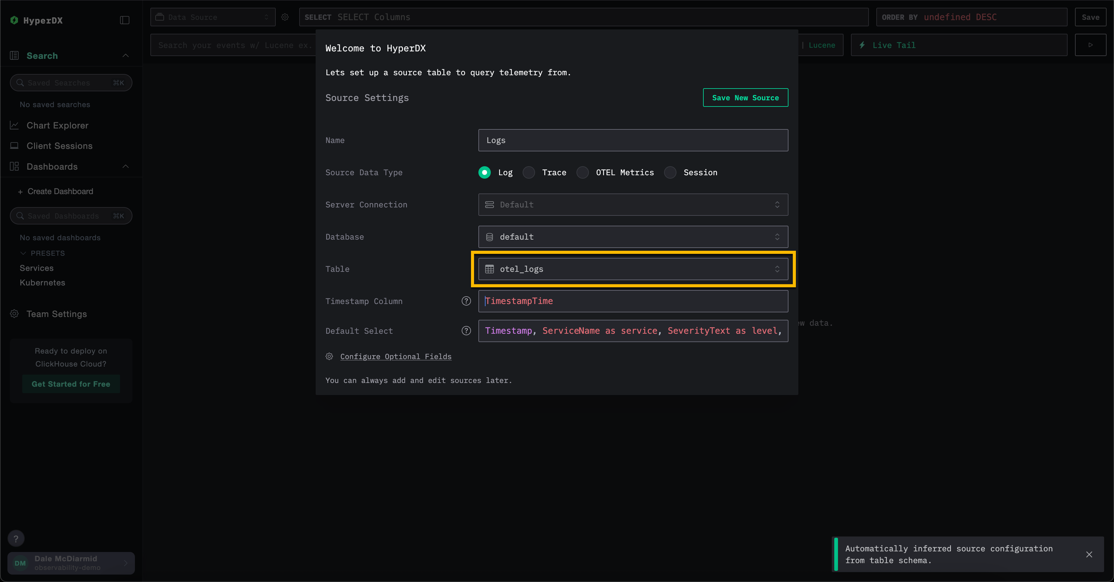 ClickHouse Cloud HyperDX 数据源