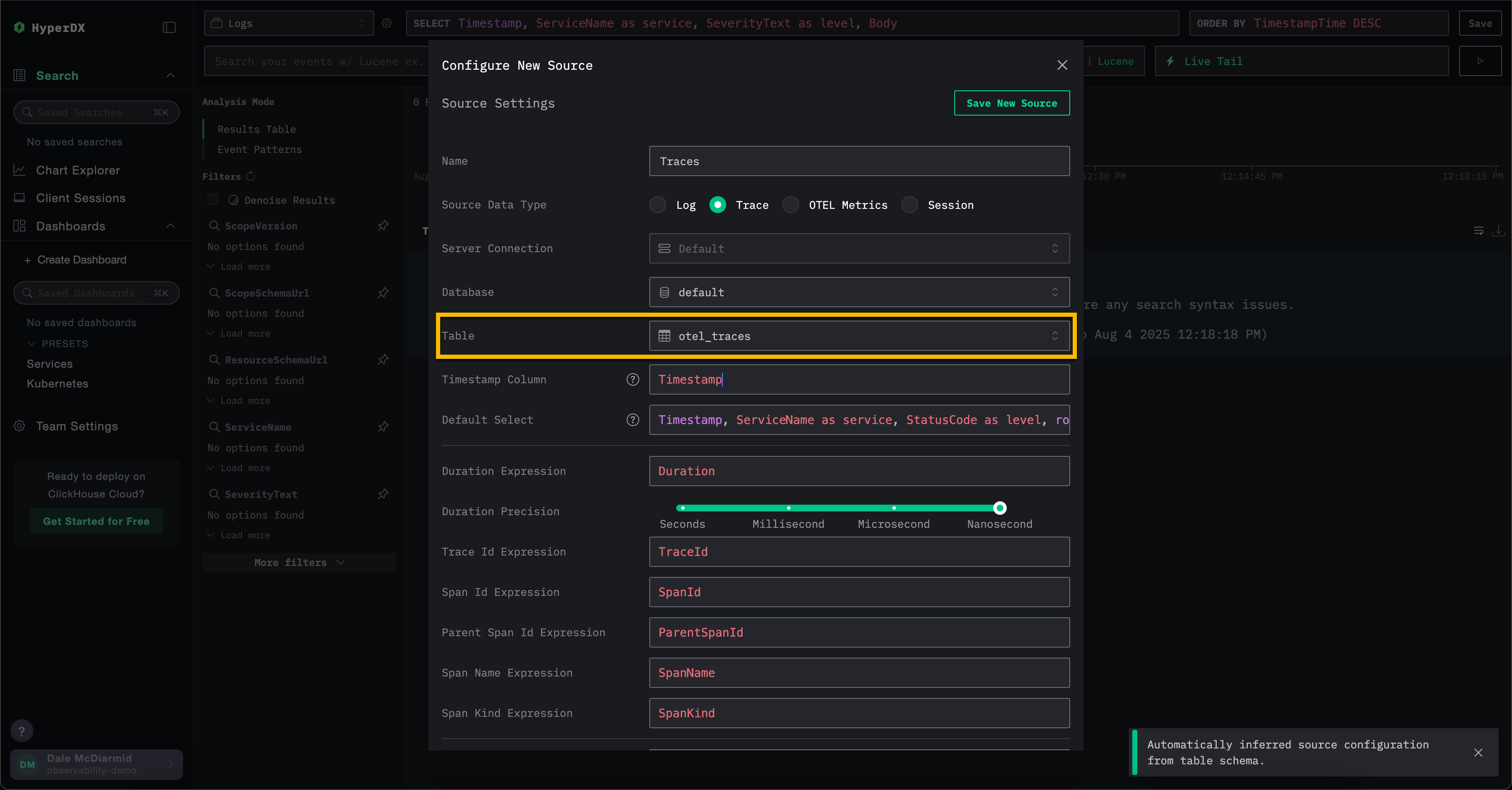 HyperDX 创建 trace 数据源