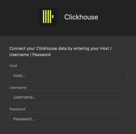 Luzmo 连接配置表单，显示 ClickHouse host、username 和 password 字段