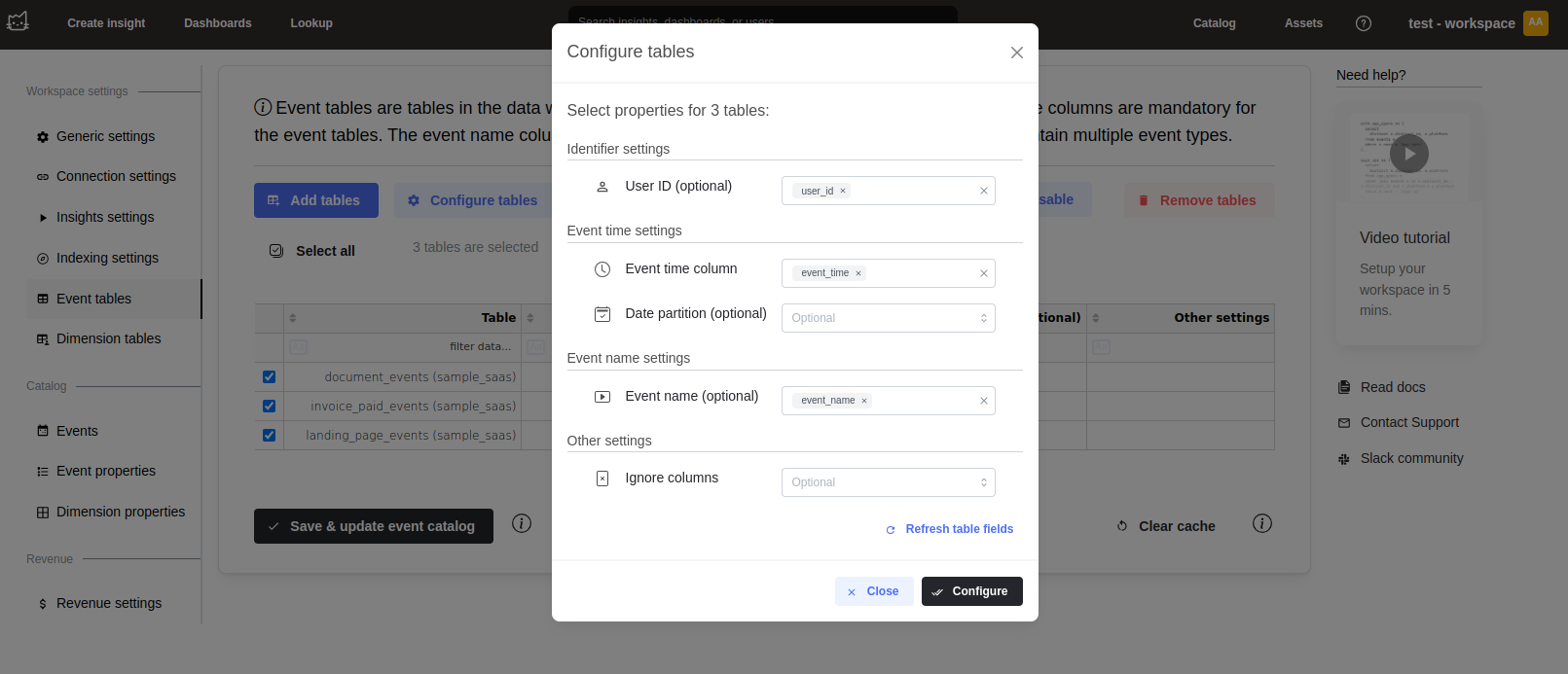 Mitzu 事件目录配置界面，显示列映射选项