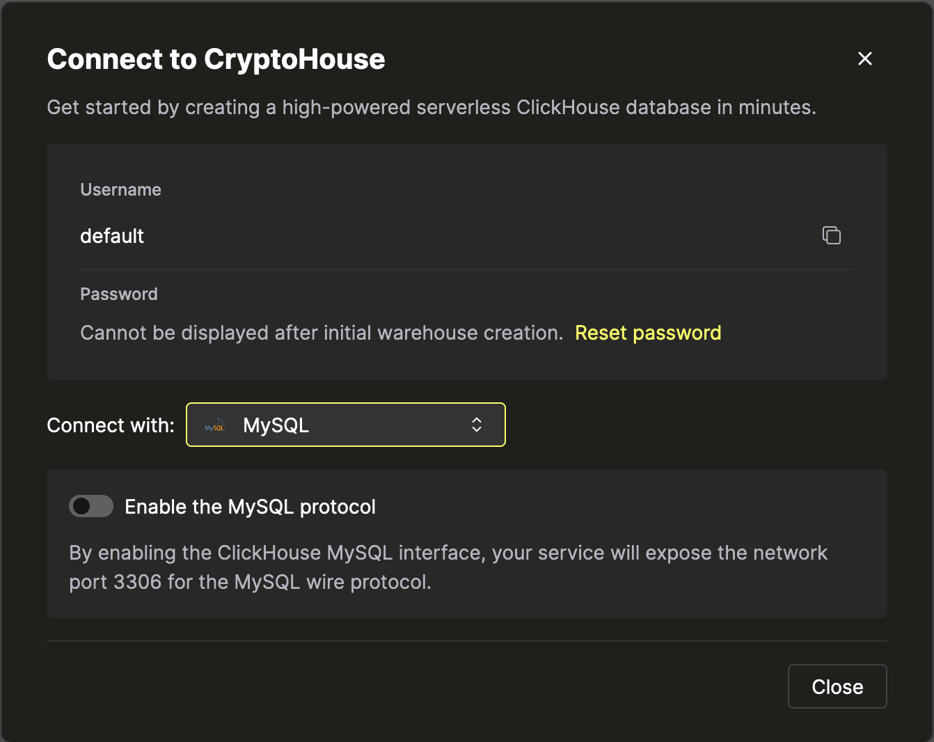凭据界面 - 已选择 MySQL