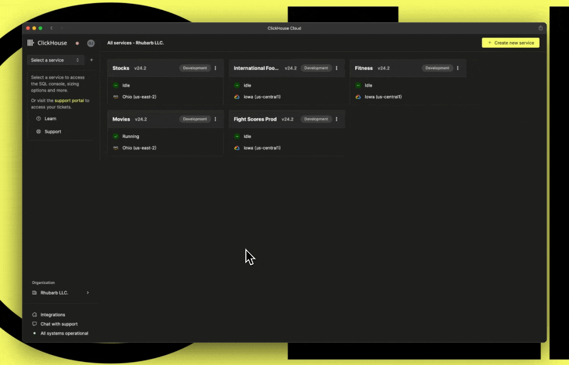 动画展示了全新的 ClickHouse Cloud 控制台界面，其中集成了 SQL 编辑器和管理功能