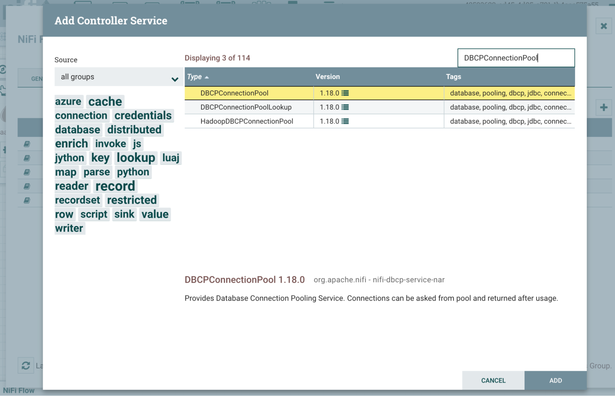 在 Controller Service 选择对话框中高亮显示 DBCPConnectionPool