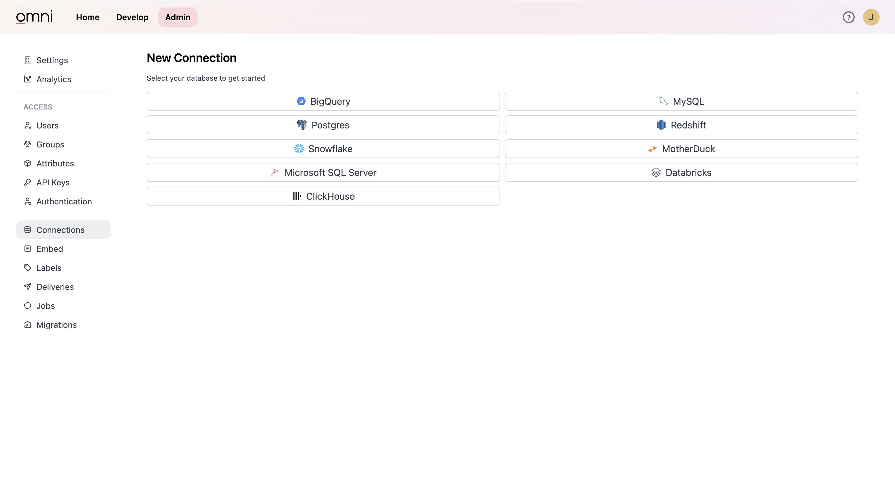 Omni 管理界面在 Connections 部分中显示 Add Connection 按钮