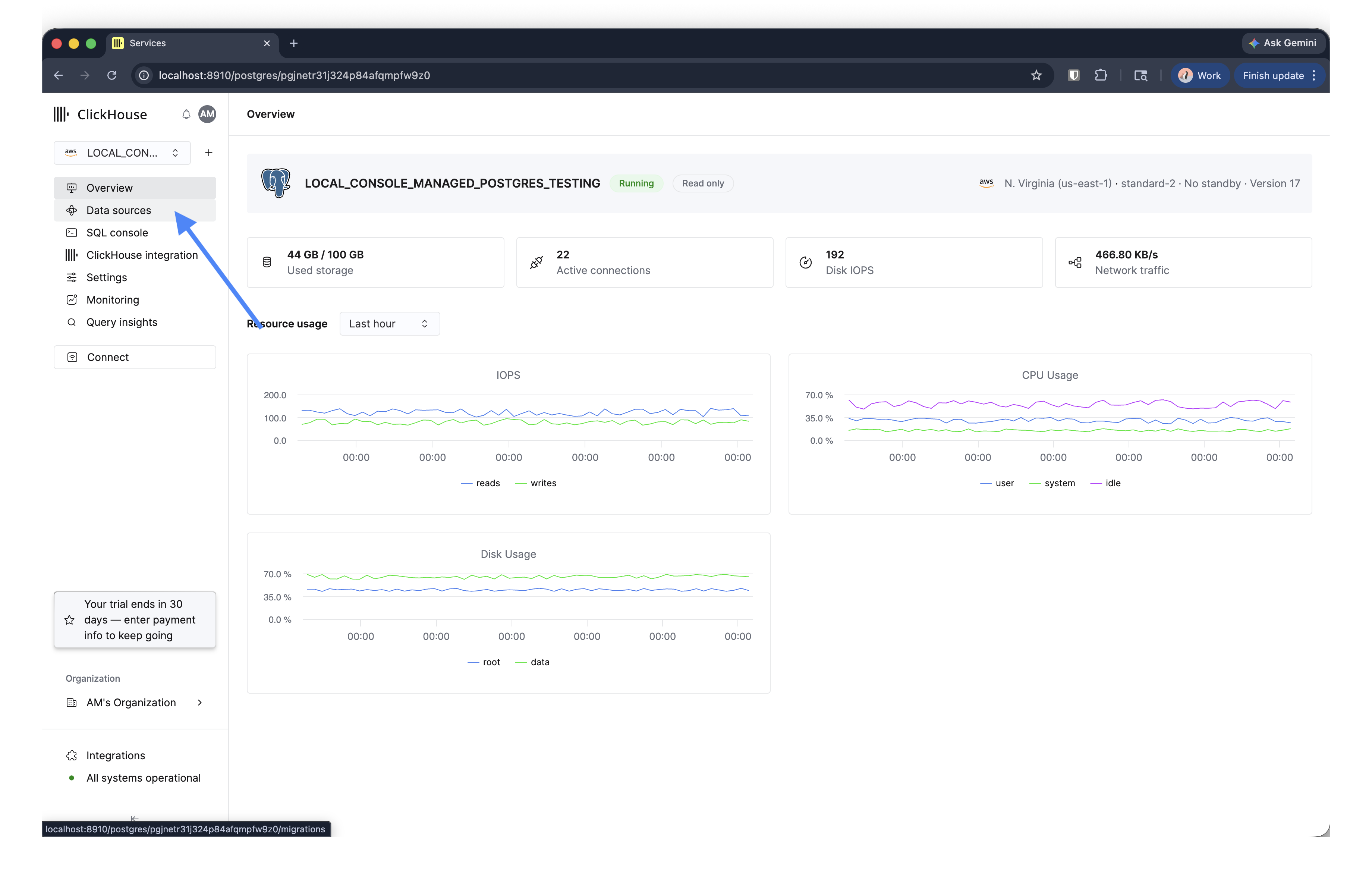 Managed Postgres 服务侧边栏中的数据源条目