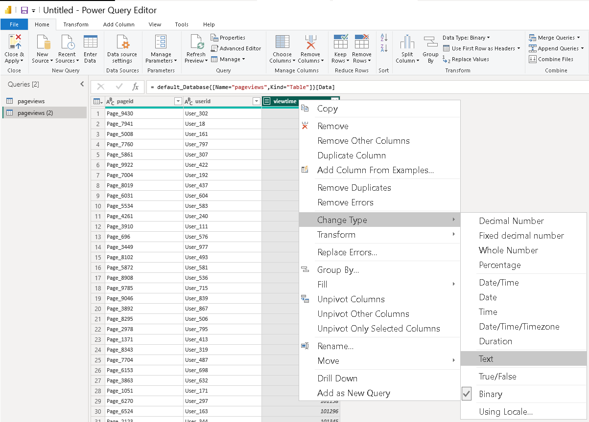 Power Query Editor 显示对 UInt64 列进行数据类型转换