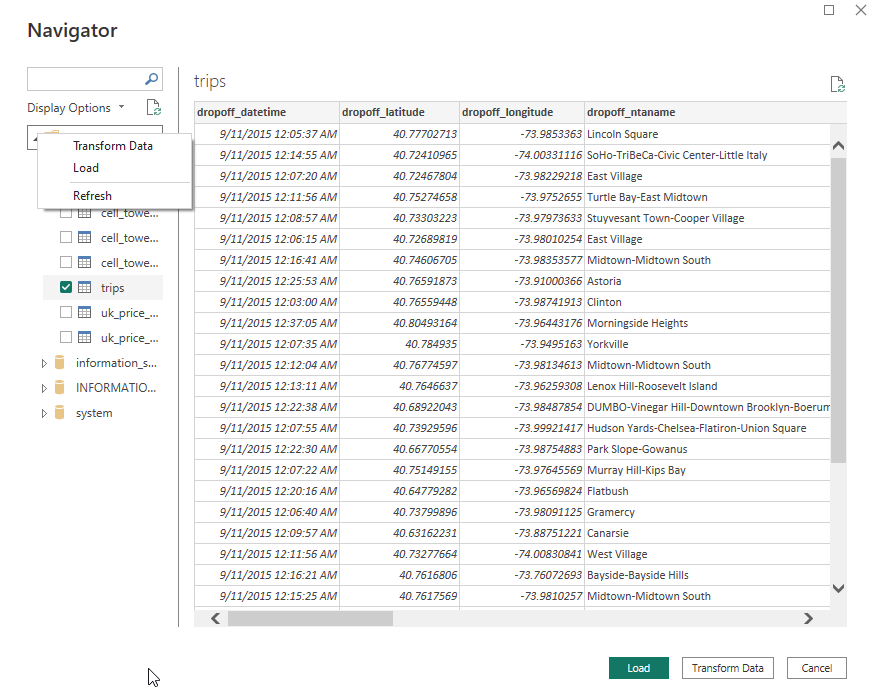 Power BI Navigator 视图中显示 ClickHouse 数据库表和示例数据