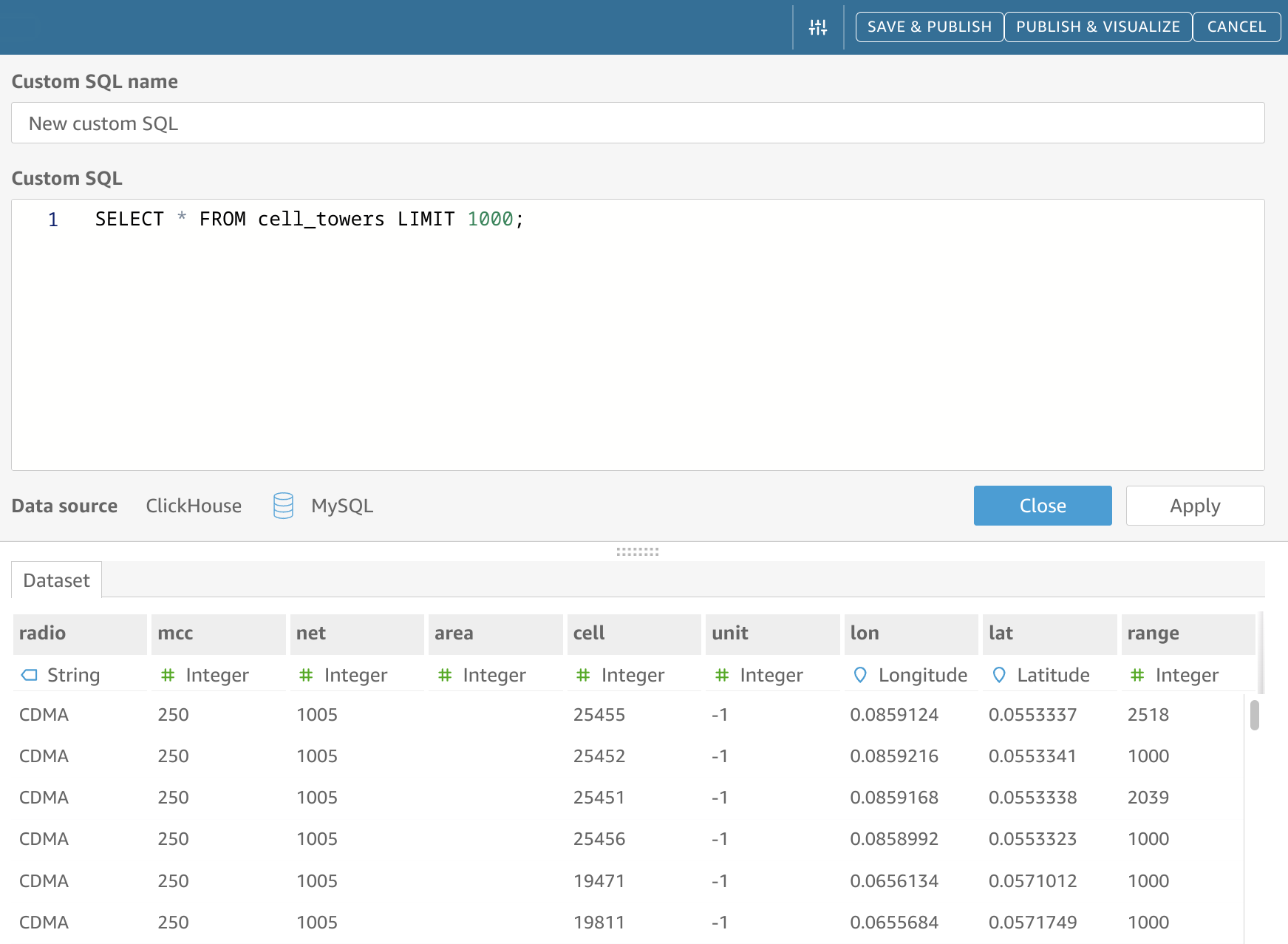 QuickSight 数据预览界面,显示包含列和示例数据的表结构
