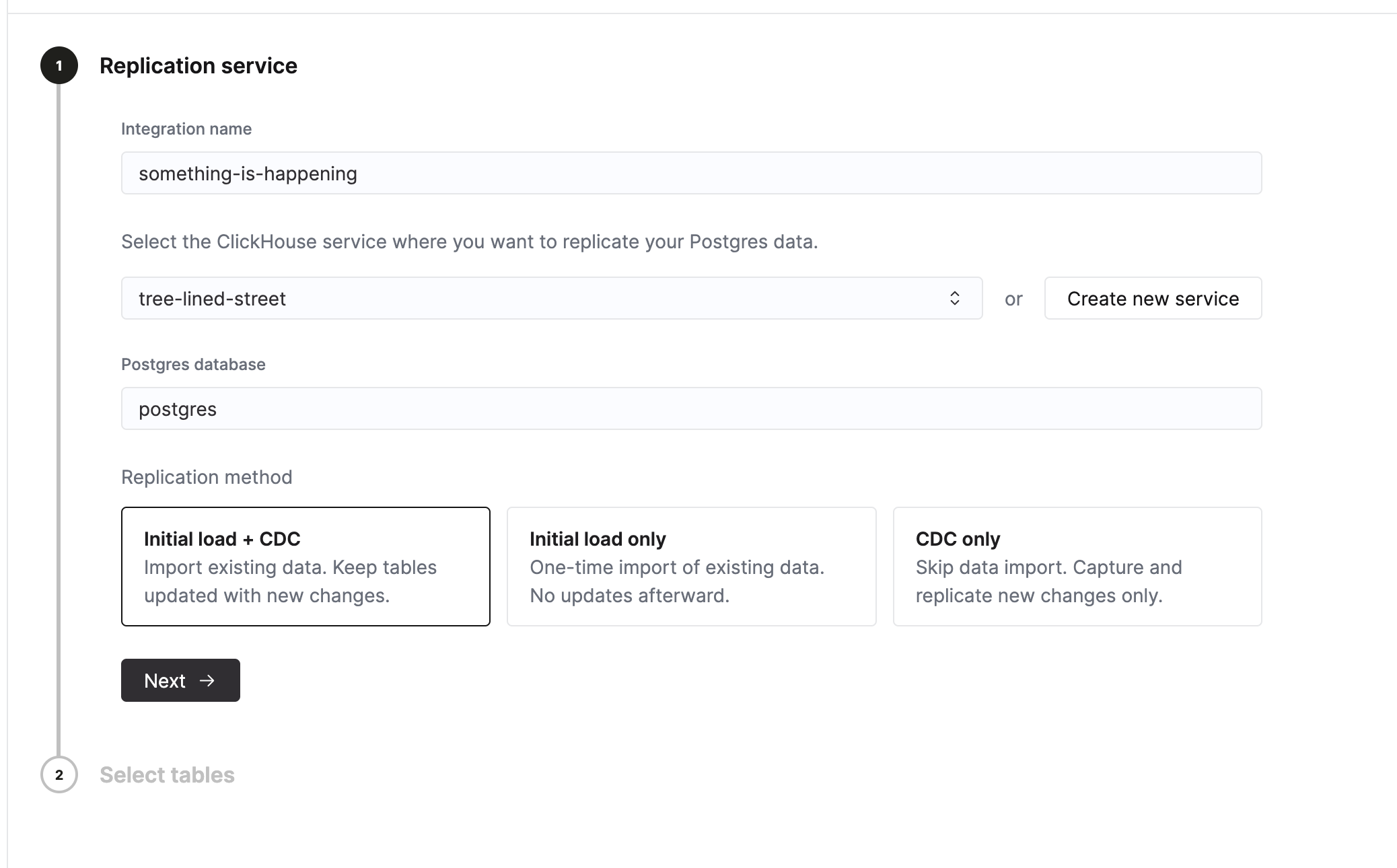 复制服务配置界面,展示了集成名称、目标服务以及复制方法选项