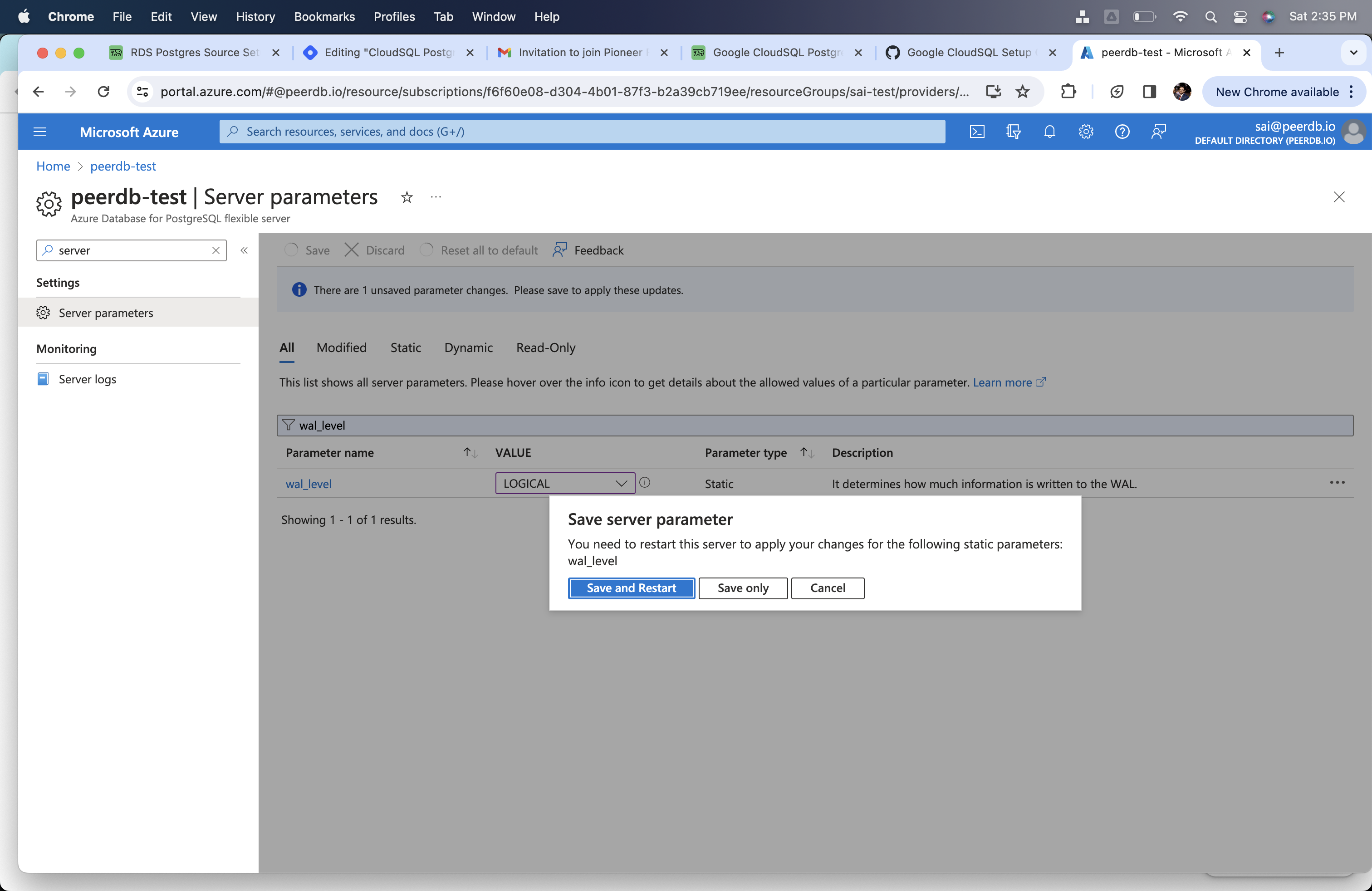 在更改 wal_level 后重启服务器