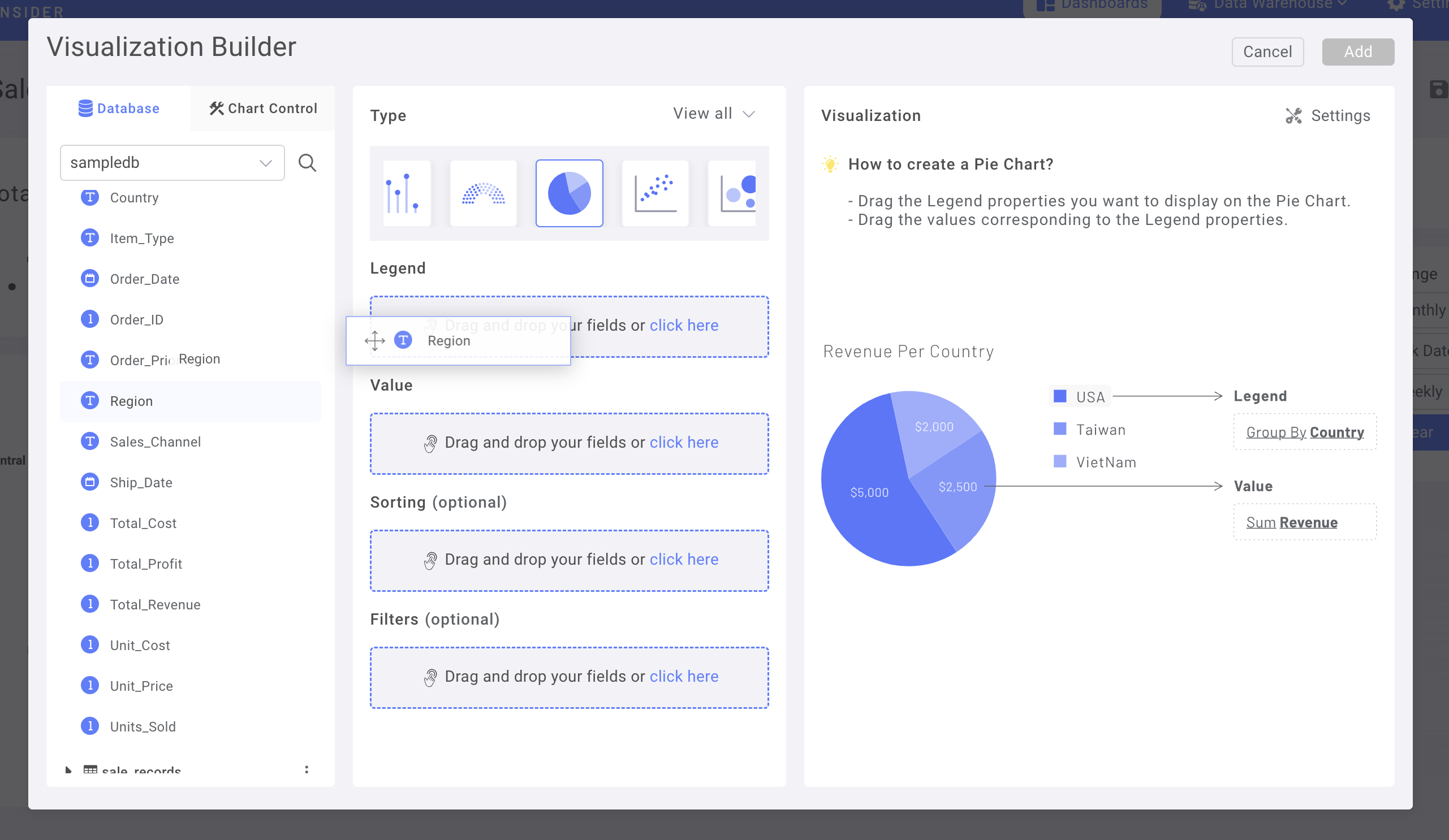 拖拽界面,展示 Region 列被添加到图例字段