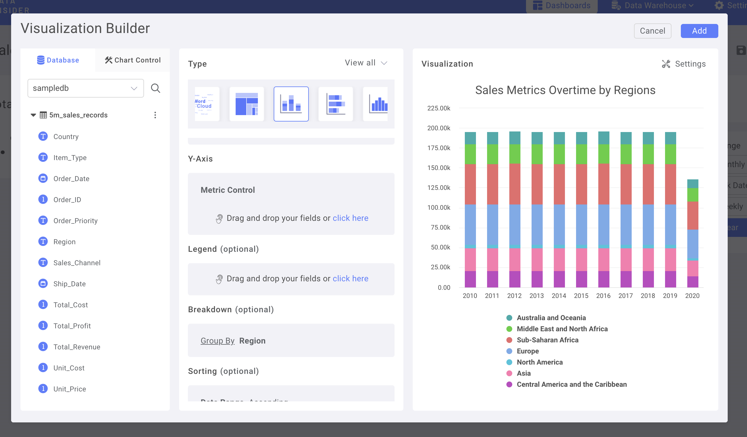 在堆叠柱状图中将 Region 列添加为细分维度