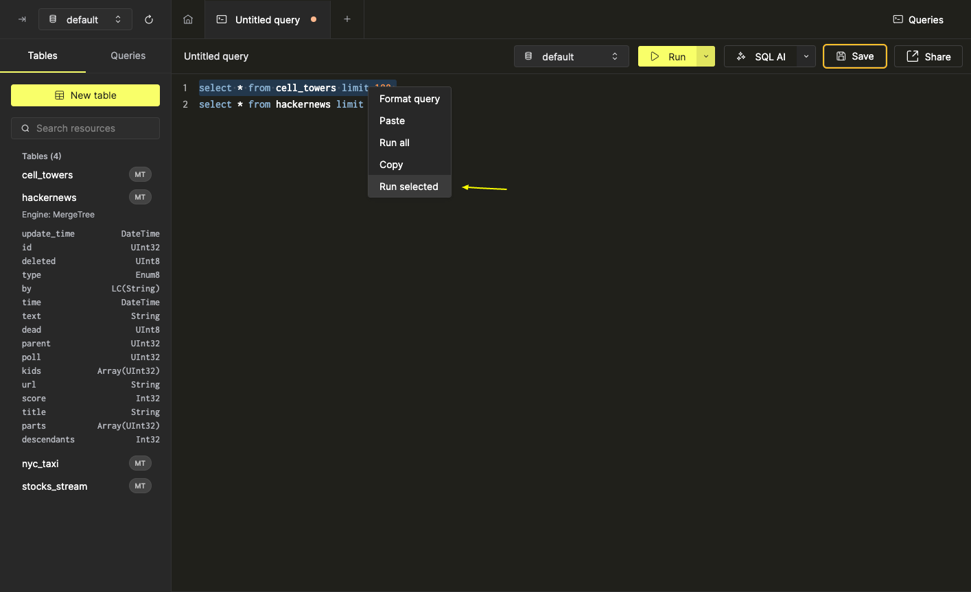 界面展示如何运行选中的部分 SQL 查询