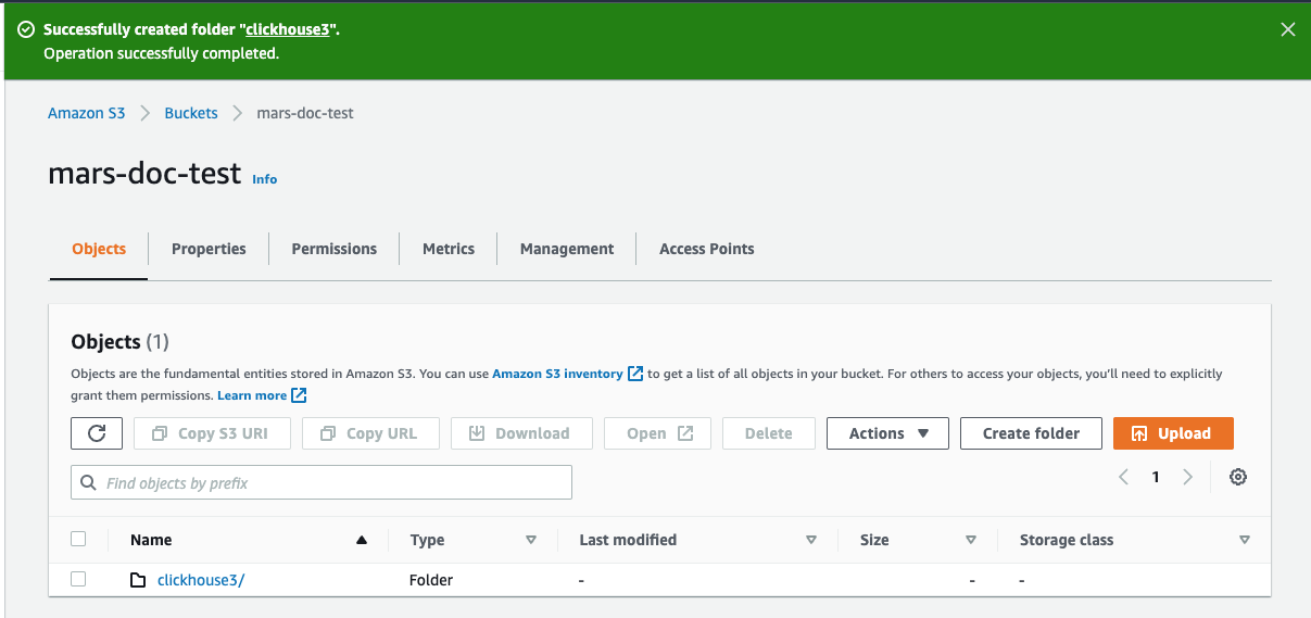 查看 S3 存储桶中新创建的文件夹