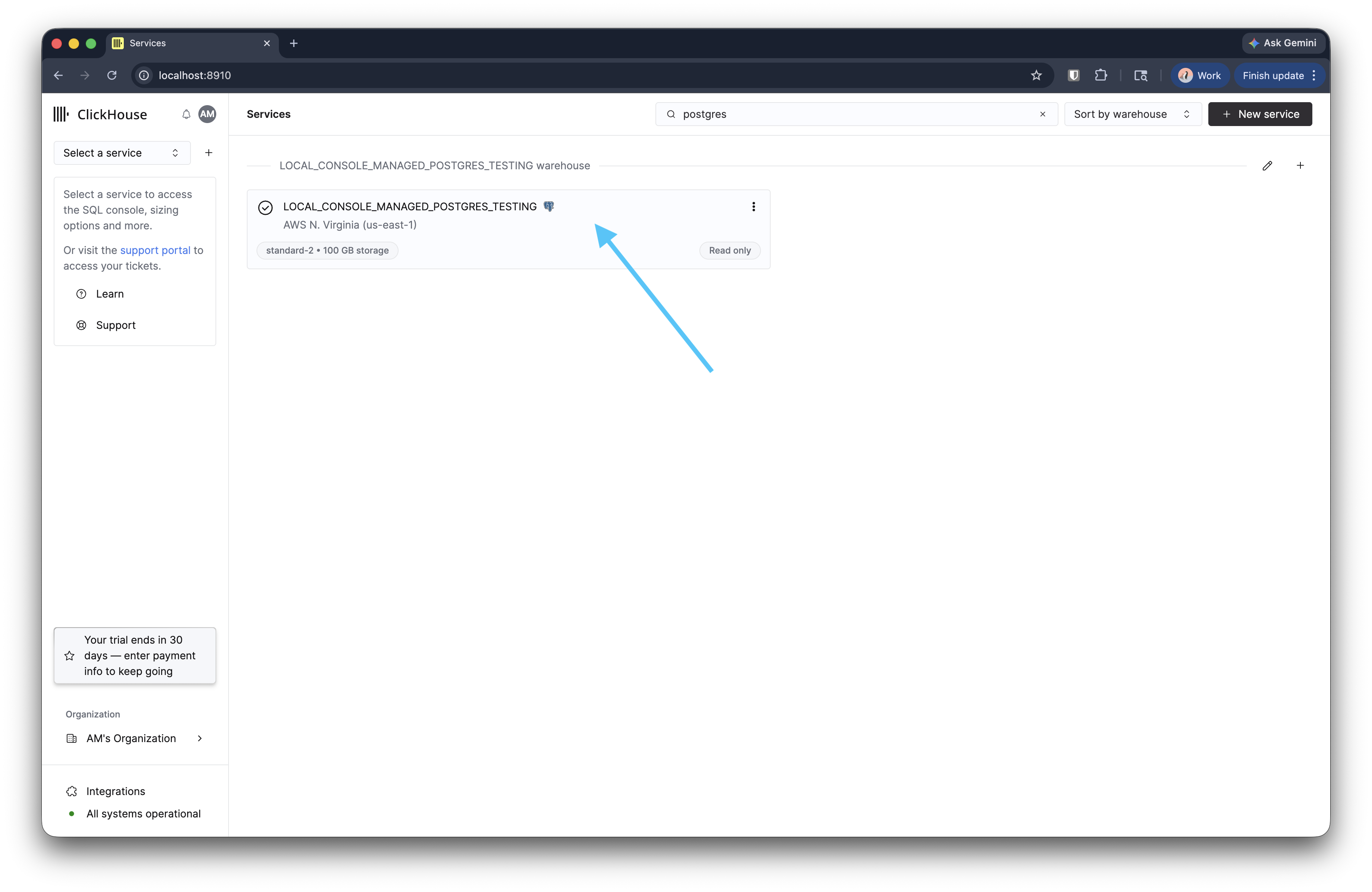 ClickHouse Cloud 服务列表中的 Managed Postgres 服务卡片