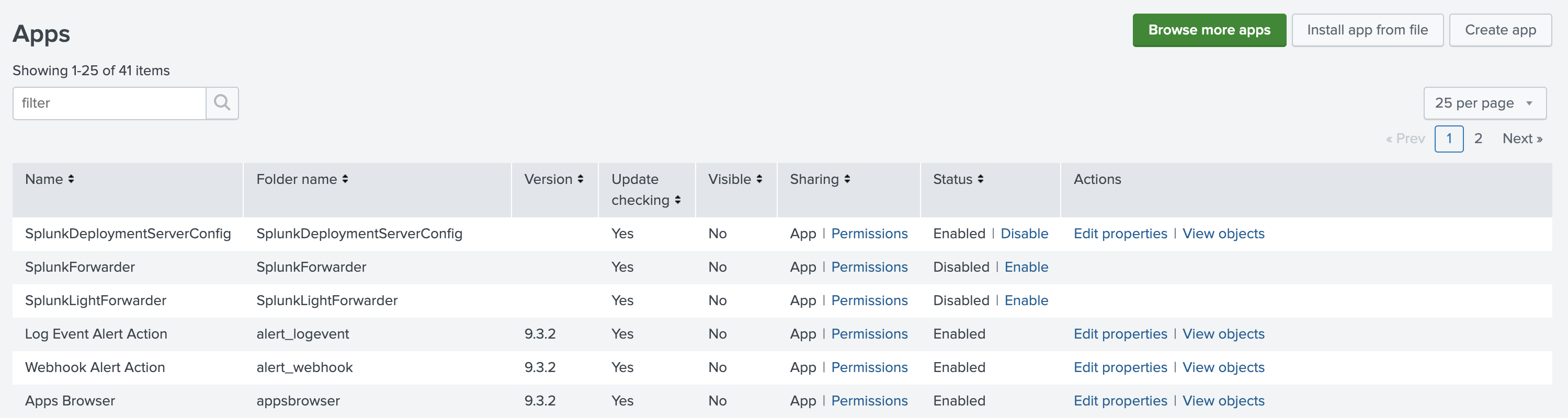 Splunk Enterprise 界面，展示带有“Install app from file”选项的 Apps 管理页面