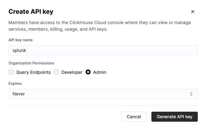 ClickHouse Cloud 控制台展示已选择 Admin 权限的 API Key 创建界面