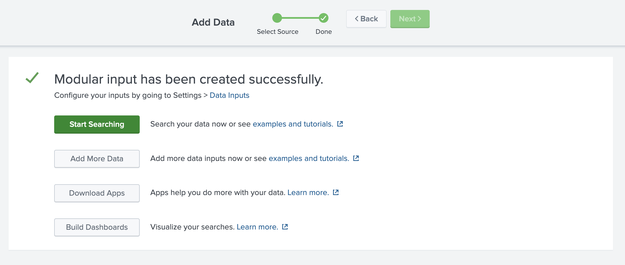 已完成 ClickHouse 数据输入设置的 Splunk 配置页面