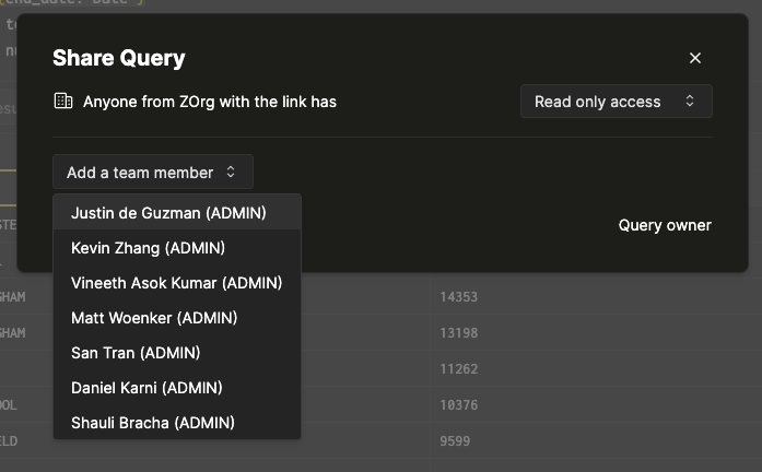 用于向共享查询添加团队的界面