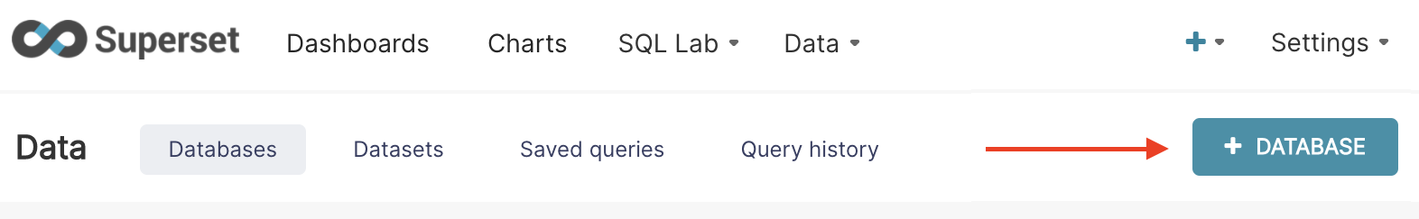 Superset 界面显示 Database 菜单，并高亮了 + Database 按钮