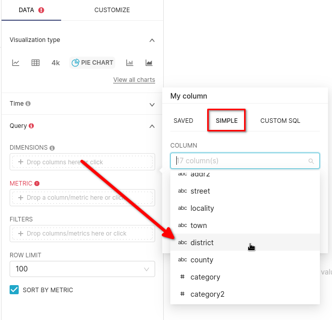 Dimension 配置界面，展示为饼图选择的 district 字段