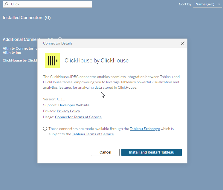 Tableau 连接器安装对话框,展示 ClickHouse JDBC 连接器详情和安装按钮