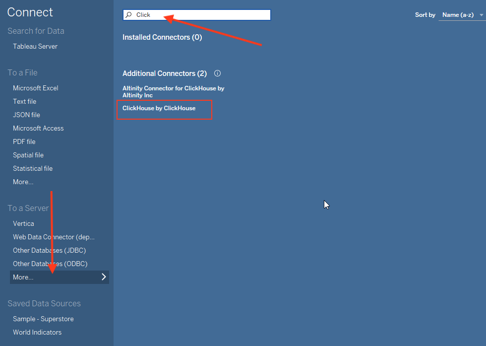 Tableau 连接界面,展示带有高亮 ClickHouse by ClickHouse 选项的连接器选择菜单