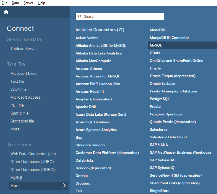 Tableau Desktop 界面，显示 Connect 菜单，其中 MySQL 选项被高亮