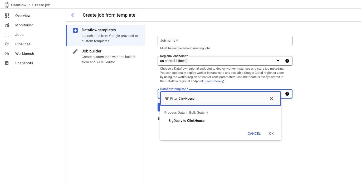 选择 BigQuery to ClickHouse 模板