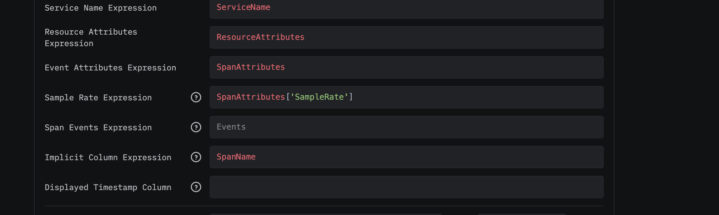 ClickStack Source Settings 中的 Sample Rate Expression 字段
