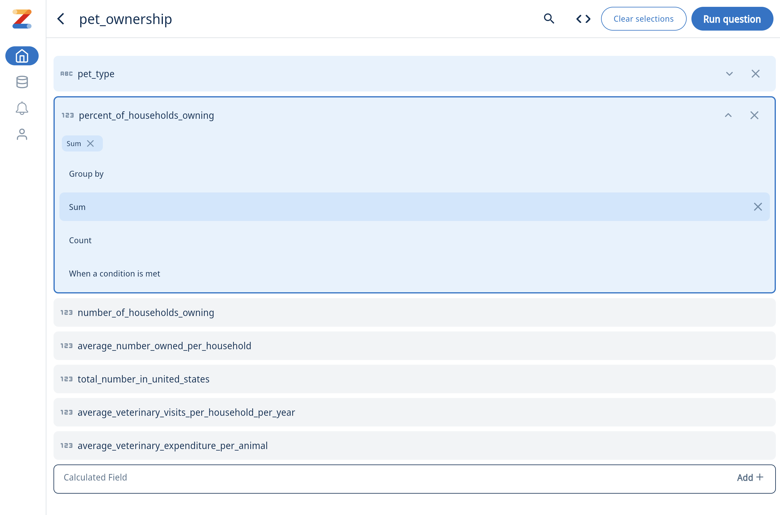 Zing Data 可视化查询构建器界面,包含字段选择和聚合选项