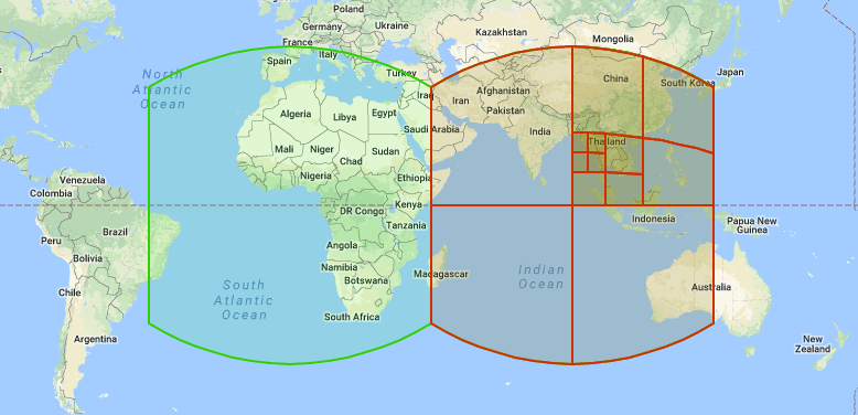 Two S2 face cells, one subdivided several times to show the cell hierarchy